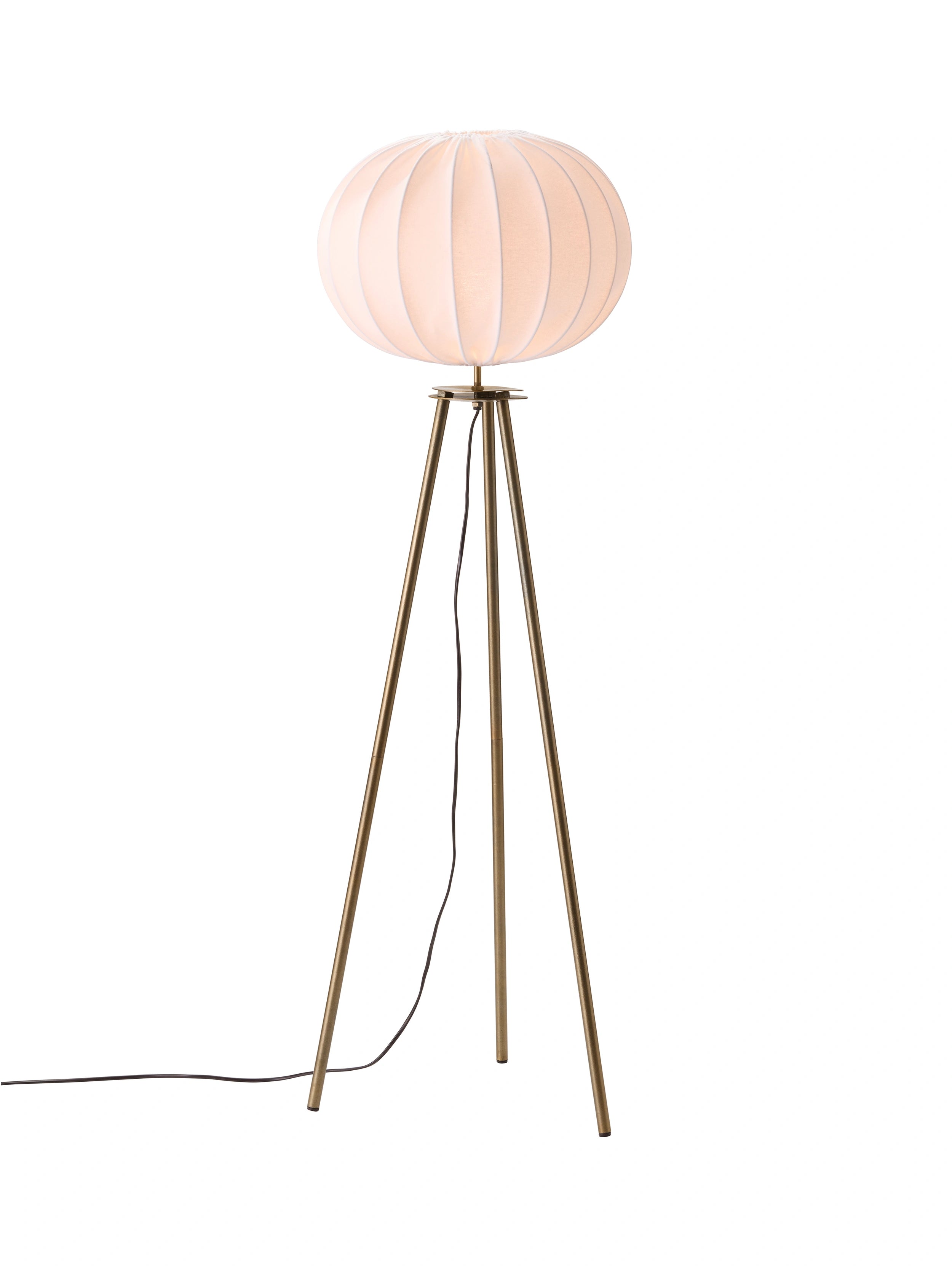 Base golvlampa tripod, vit skärm, antikmässing 125 cm